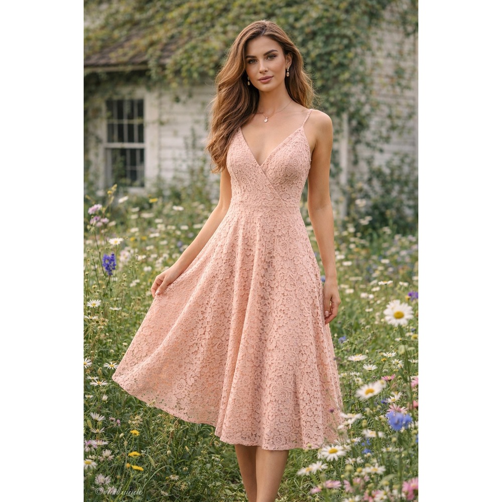 Bardot Genoveve Dress Women Peach Pink Floral‎ Lace Midi Cottage Wedding Garden